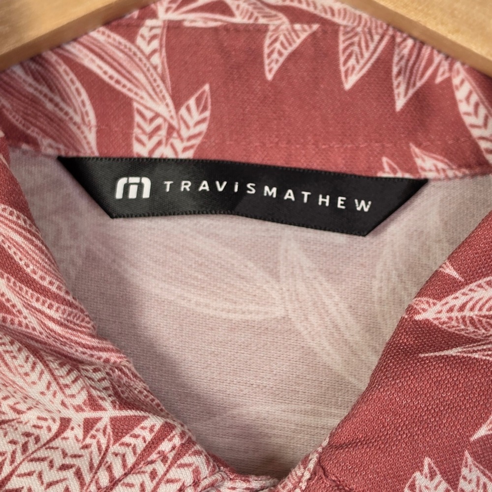 TravisMathew Mens Polo Large Pink Tropical Leaf Print Stretch Casual Golf Shirt - Picture 4 of 11
